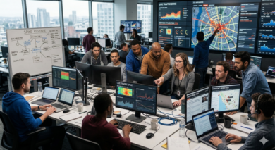 Editorial staff coordinating coverage from a newsroom command center