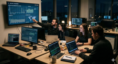 On call engineers collaborating during a traffic spike