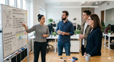 Team standup next to a whiteboard with performance action items